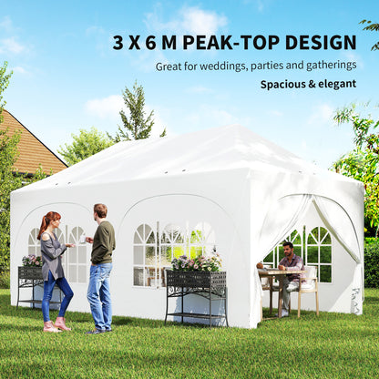 3 x 6 m Waterproof Pop-Up Gazebo — Adjustable Height, Pointed Roof, Drainage Vents, Removable Sidewalls, UPF30+ Sun Protection — Folding Party & Garden Tent, White