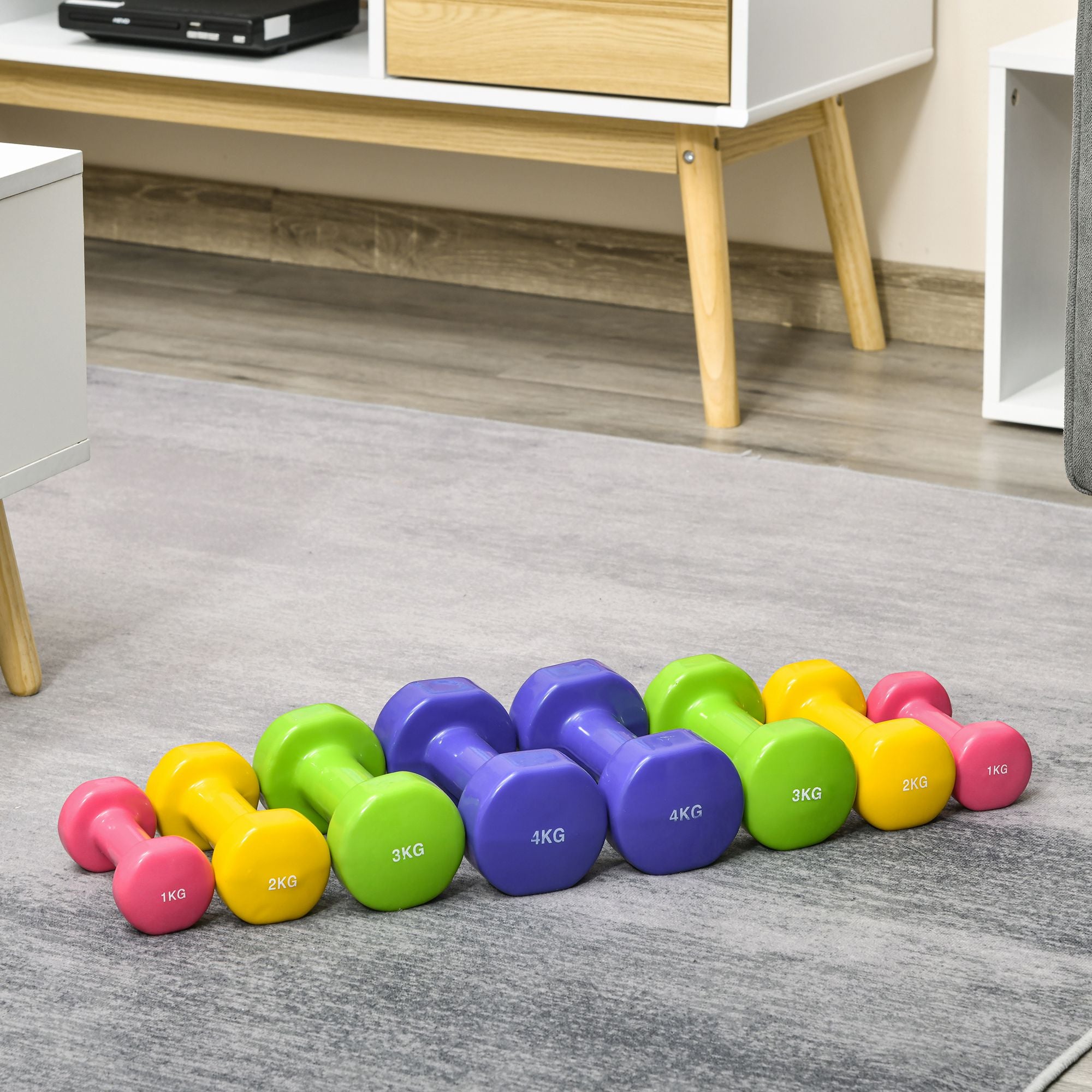 Set of 8 Hexagonal Dumbbells 44 lbs 4 Pairs 8.8 lbs 6.6 lbs 4.4 lbs 2.2 lbs Neoprene Coated Dumbbells with Non-Slip Grip Weights for Home Gym Exercise Training Multicolor