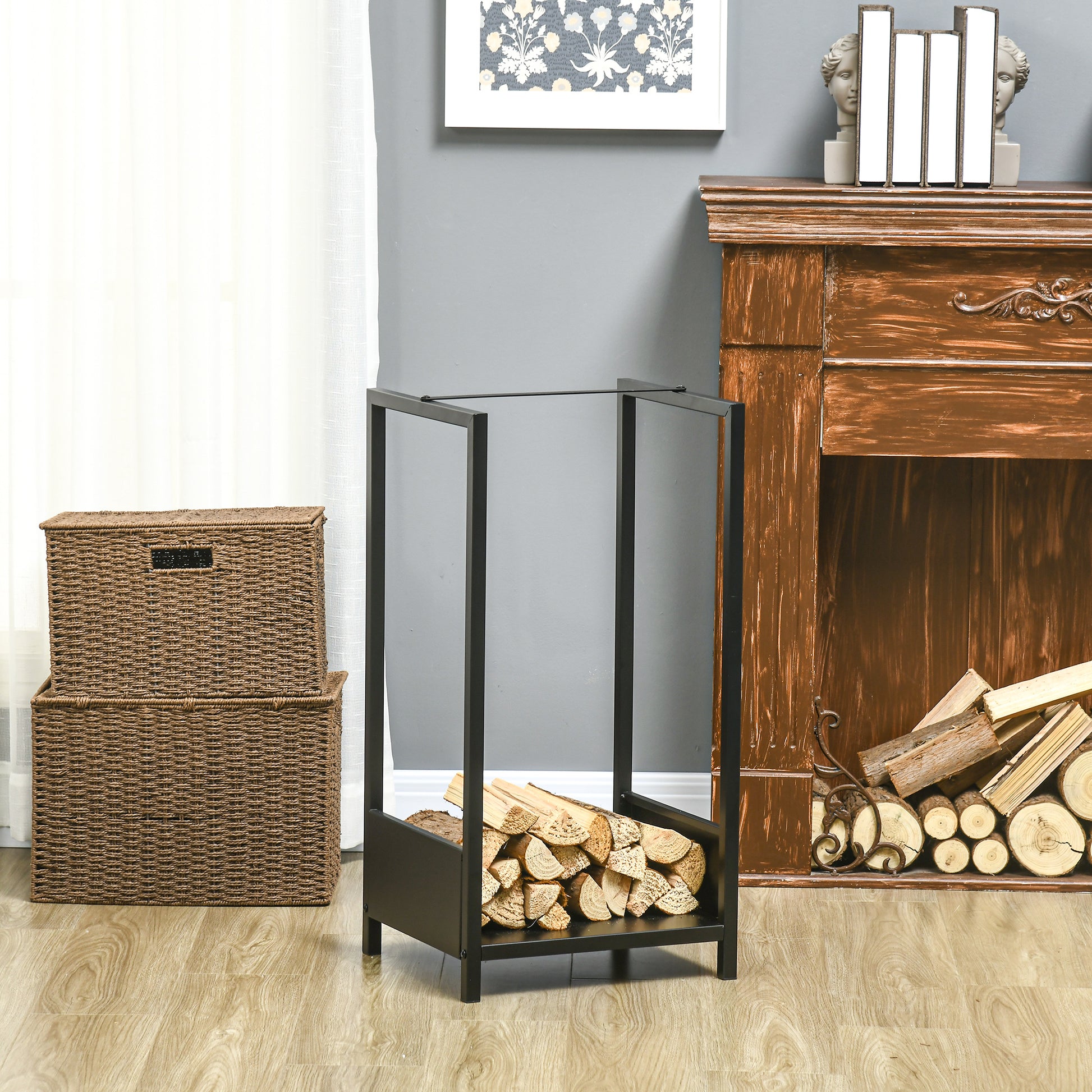 Outdoor and Indoor Steel Log Storage Rack, Modern Log Holder with Raised Base, 39x35x76cm, Black