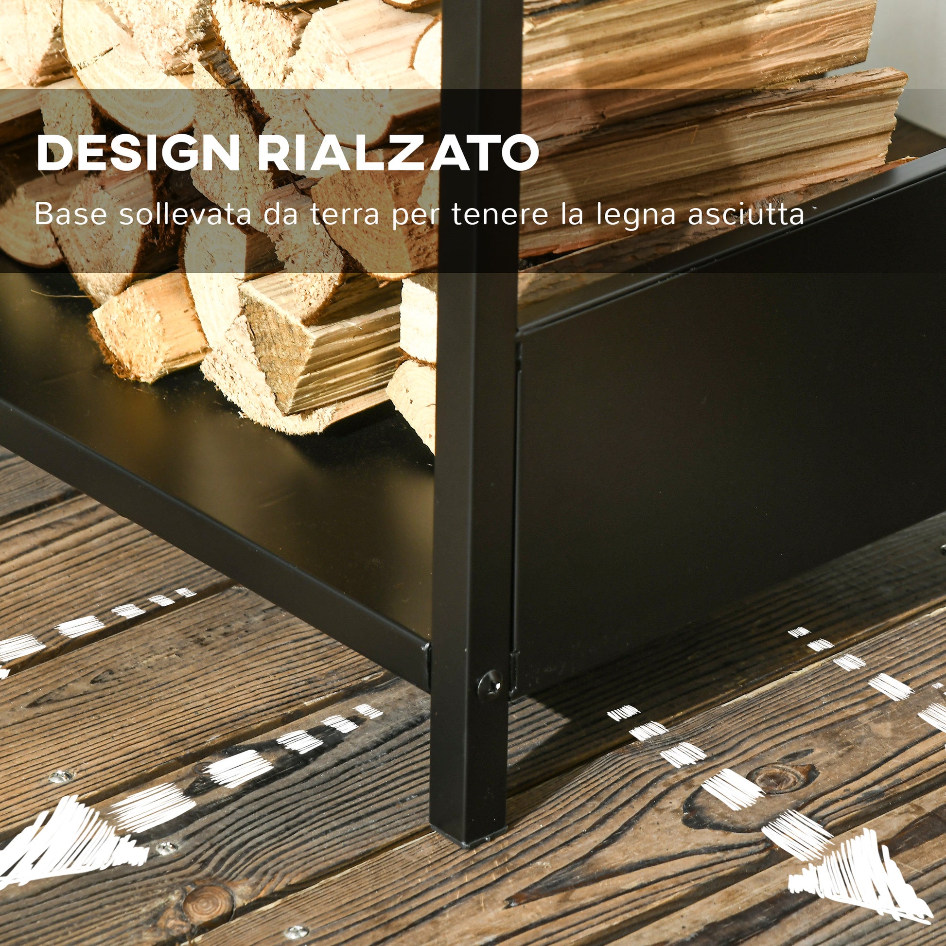 Outdoor and Indoor Steel Log Storage Rack, Modern Log Holder with Raised Base, 39x35x76cm, Black