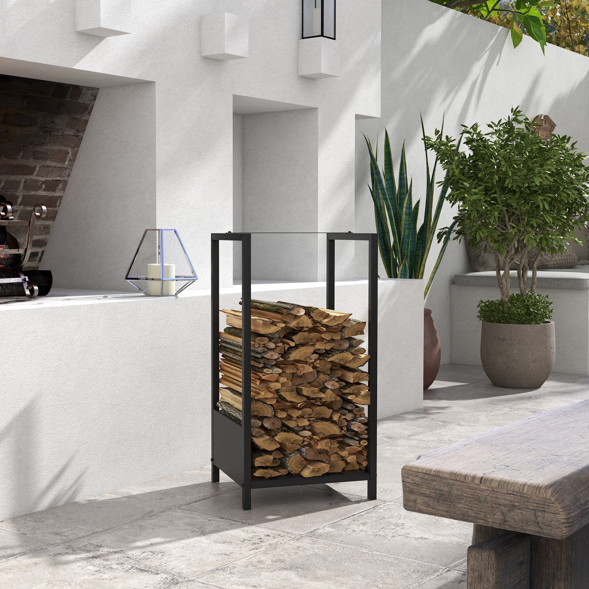 Outdoor and Indoor Steel Log Storage Rack, Modern Log Holder with Raised Base, 39x35x76cm, Black