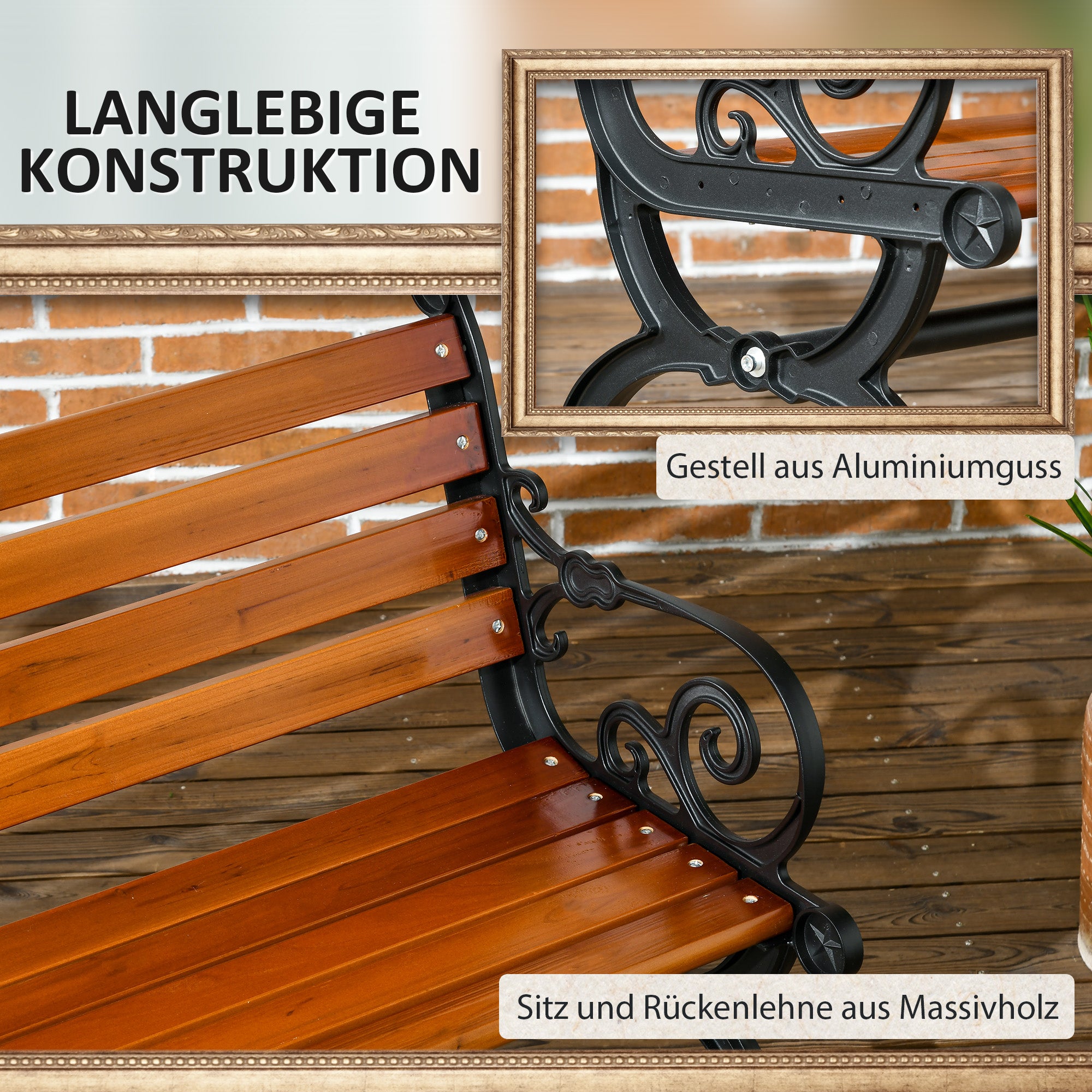 Garden Bench, Park Bench, Two-Person Bench with Armrests, for Garden, Balcony, Weatherproof, Wood, 120 x 64 x 79 cm, Teak