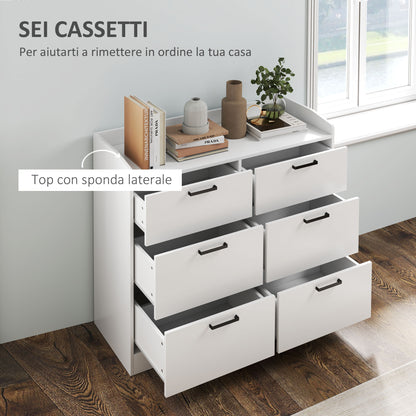6-Drawer Dresser with Raised Edges and U-Shaped Handles, Modern Wood Dresser, 110x40x88 cm, White