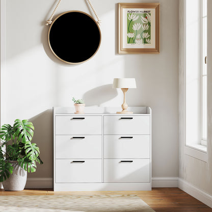 6-Drawer Dresser with Raised Edges and U-Shaped Handles, Modern Wood Dresser, 110x40x88 cm, White