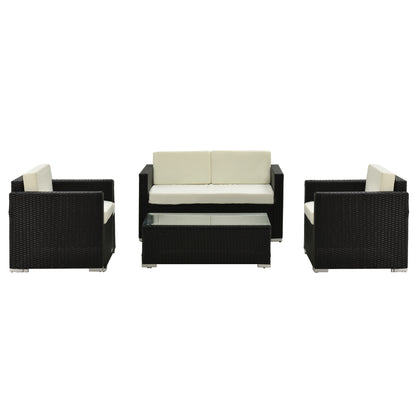 4-Piece PE Rattan and Metal Garden Set with 2-Seat Sofa, 2 Armchairs, and Coffee Table, Black