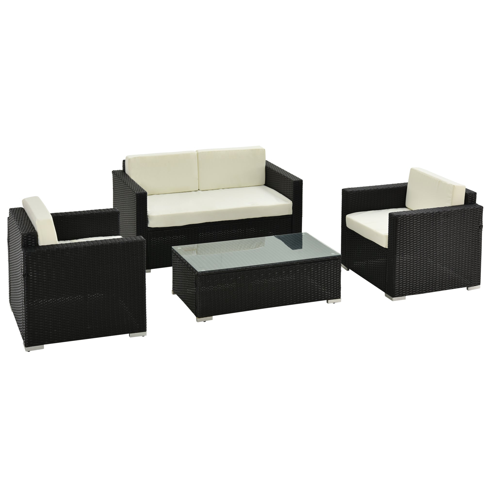 4-Piece PE Rattan and Metal Garden Set with 2-Seat Sofa, 2 Armchairs, and Coffee Table, Black