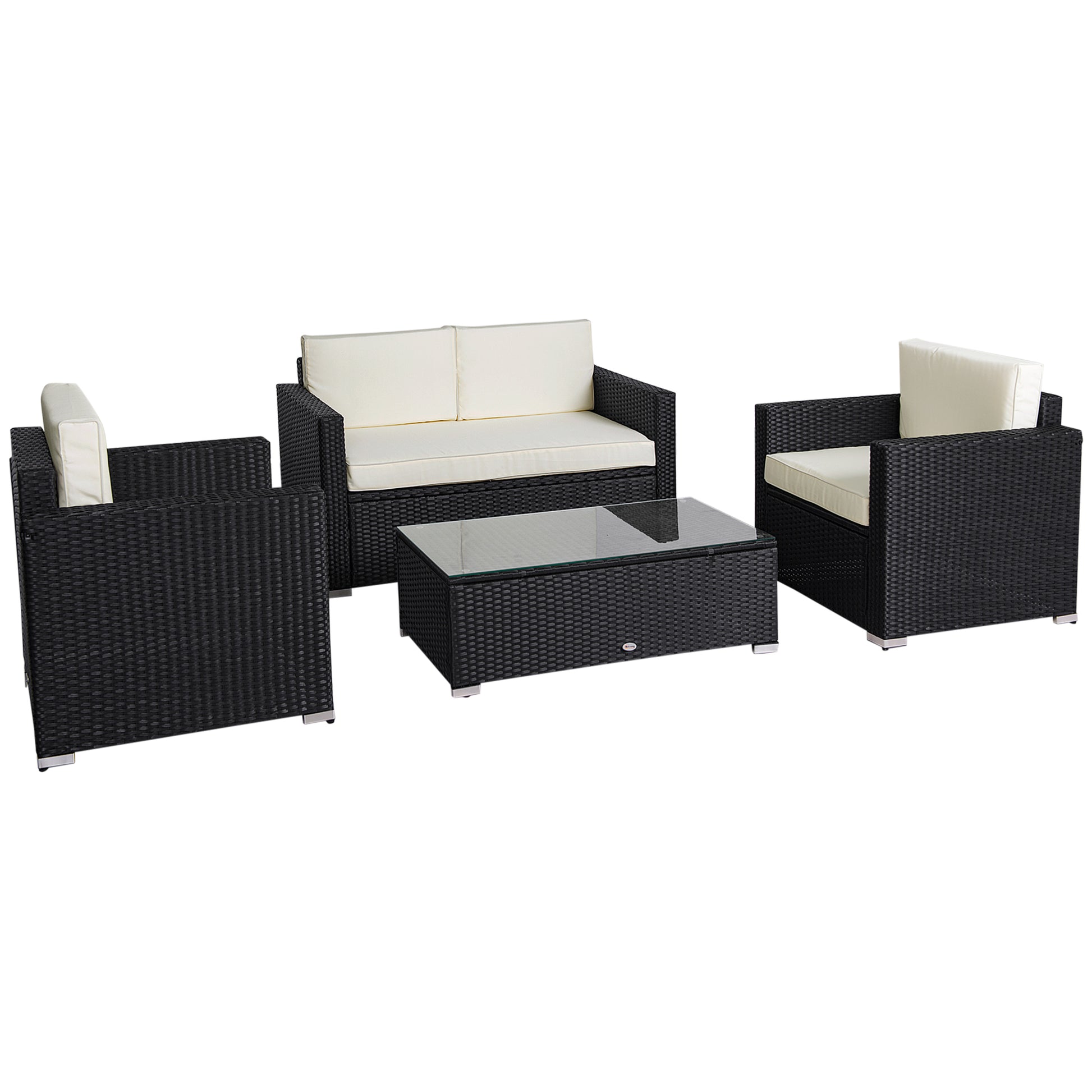 4-Piece PE Rattan and Metal Garden Set with 2-Seat Sofa, 2 Armchairs, and Coffee Table, Black