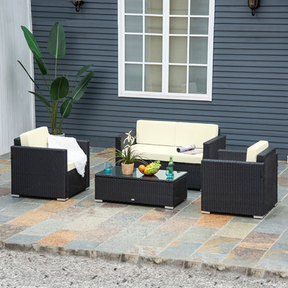 4-Piece PE Rattan and Metal Garden Set with 2-Seat Sofa, 2 Armchairs, and Coffee Table, Black