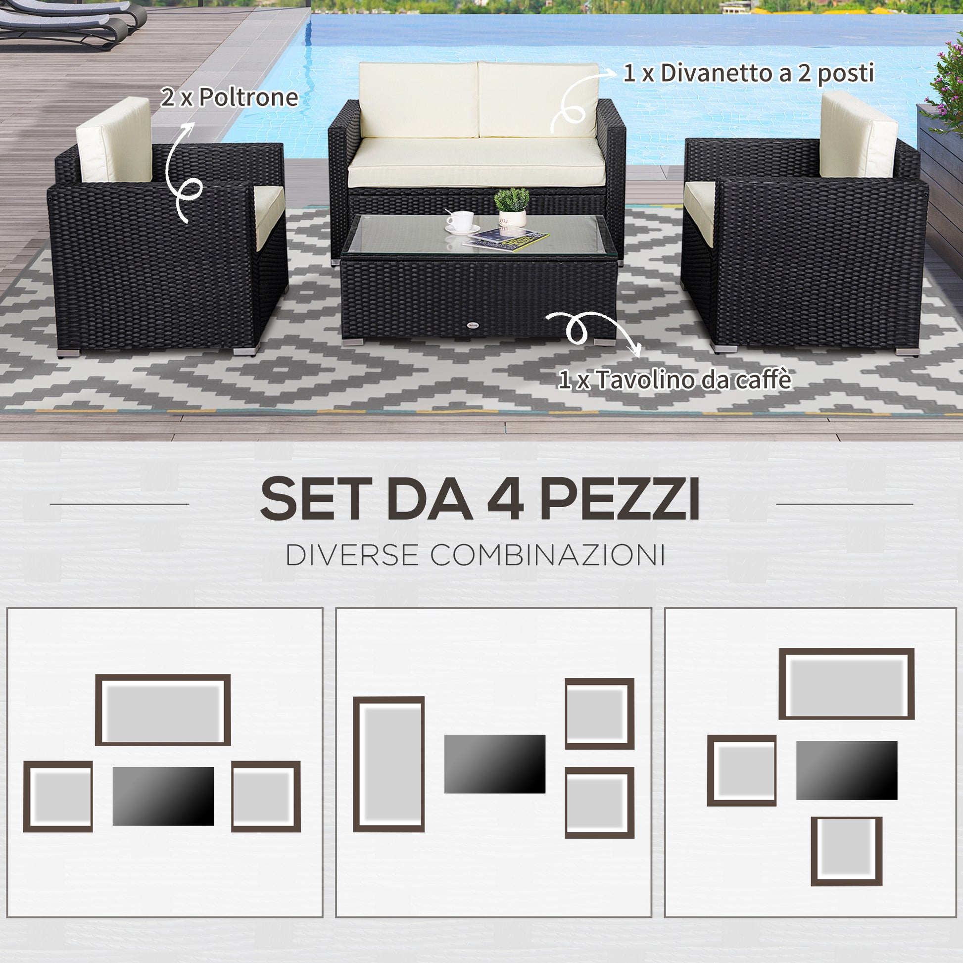 4-Piece PE Rattan and Metal Garden Set with 2-Seat Sofa, 2 Armchairs, and Coffee Table, Black