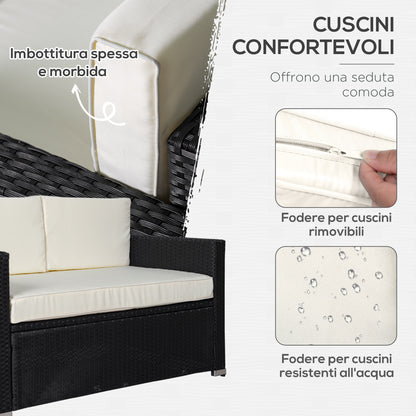 4-Piece PE Rattan and Metal Garden Set with 2-Seat Sofa, 2 Armchairs, and Coffee Table, Black