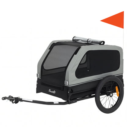 Foldable Dog Bike Trailer — Carrier for Small & Medium Dogs up to 44 lb, Fold-Down Ramp, Reflectors, Safety Leash & Flag, 54.3 x 27.2 x 27.6 in (138 x 69 x 70 cm), Gray