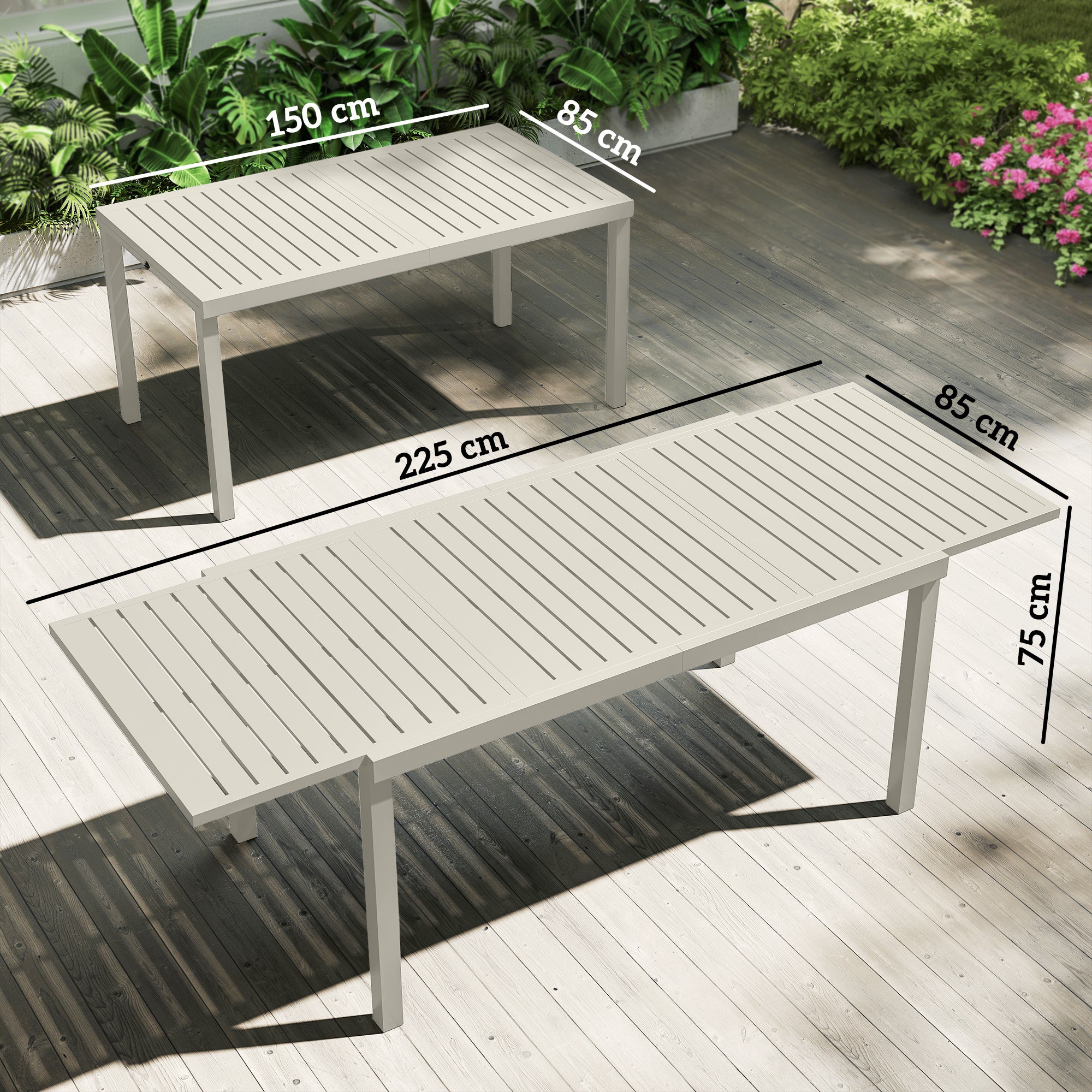 Extendable Garden Dining Table — 59.1/88.6 x 33.5 x 29.5 in (150/225 x 85 x 75 cm), Rectangular Aluminum Slatted Top, Seats 6–8, White