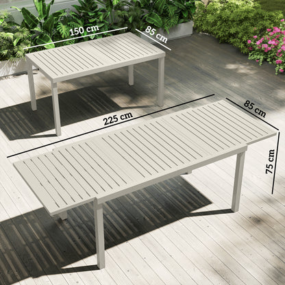 Extendable Garden Dining Table — 59.1/88.6 x 33.5 x 29.5 in (150/225 x 85 x 75 cm), Rectangular Aluminum Slatted Top, Seats 6–8, White