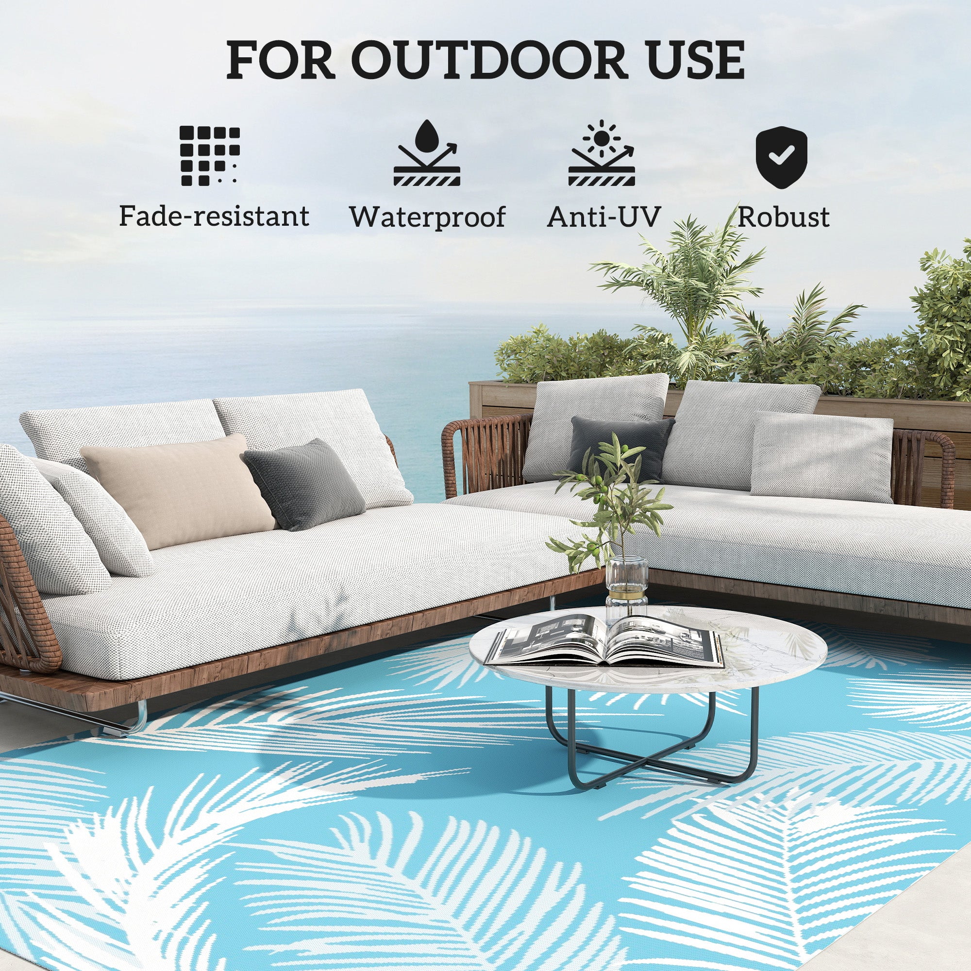 Reversible Durable Weatherproof Outdoor Rug with Carry Bag & Ground Anchors for Balcony, Garden, Patio, Bathroom, Hallway, Kitchen — 9' x 6' (274 x 182 cm), Light Blue & White