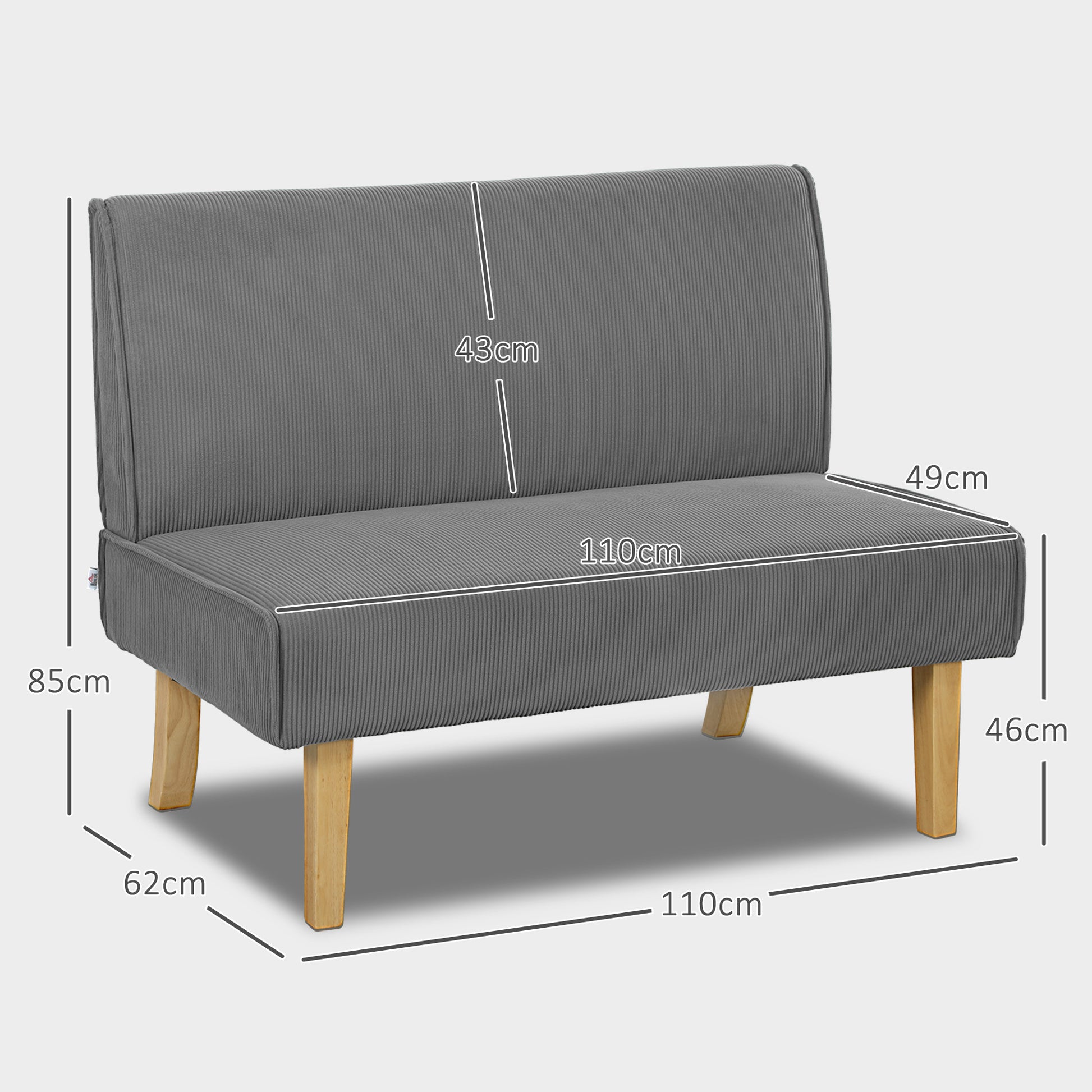 2 Seater Sofa, Couch with Cord Look, Wooden Legs, Padded Couch, Double Sofa for Bedroom, Living Room, 110 x 62 x 85 cm, Gray