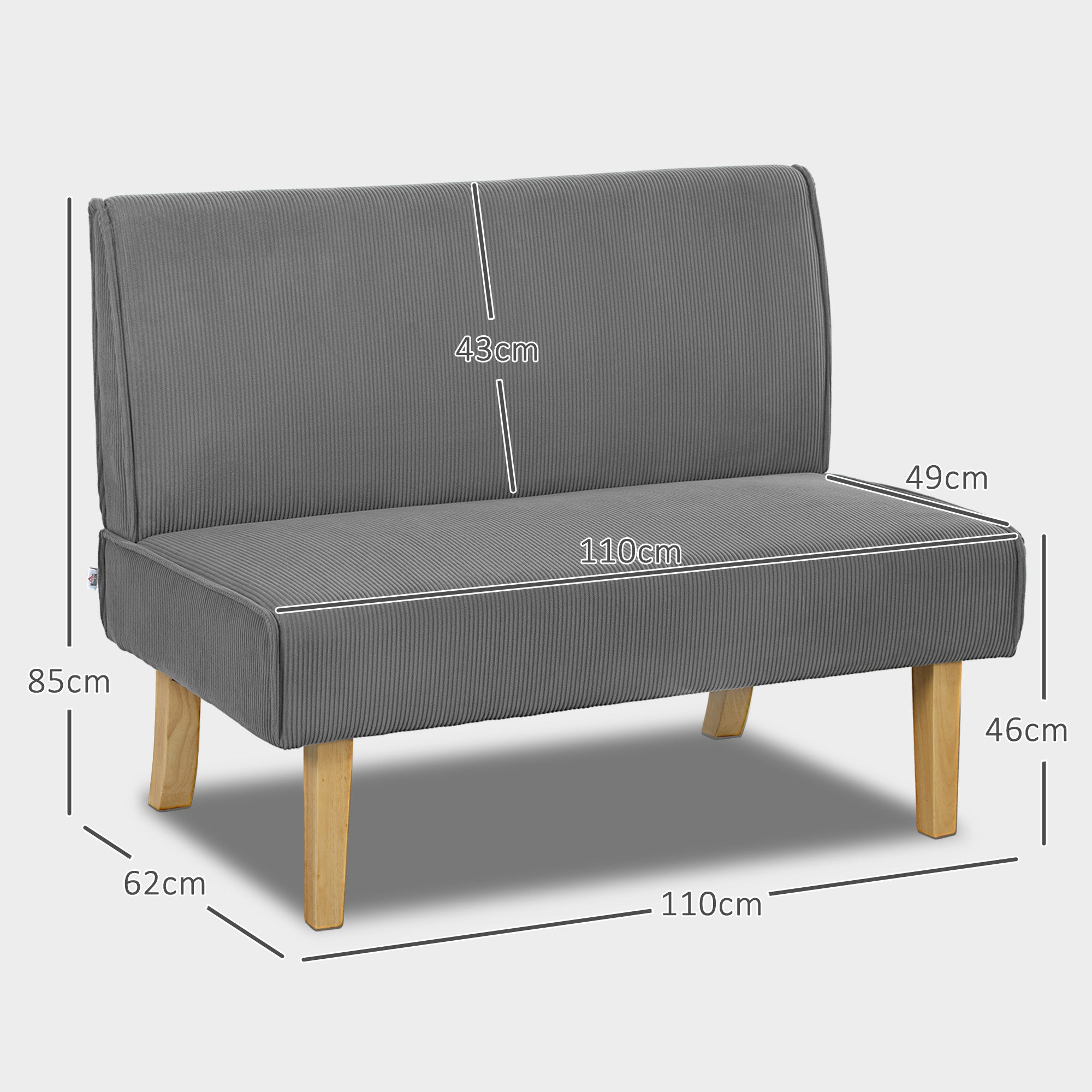 2 Seater Sofa, Couch with Cord Look, Wooden Legs, Padded Couch, Double Sofa for Bedroom, Living Room, 110 x 62 x 85 cm, Gray