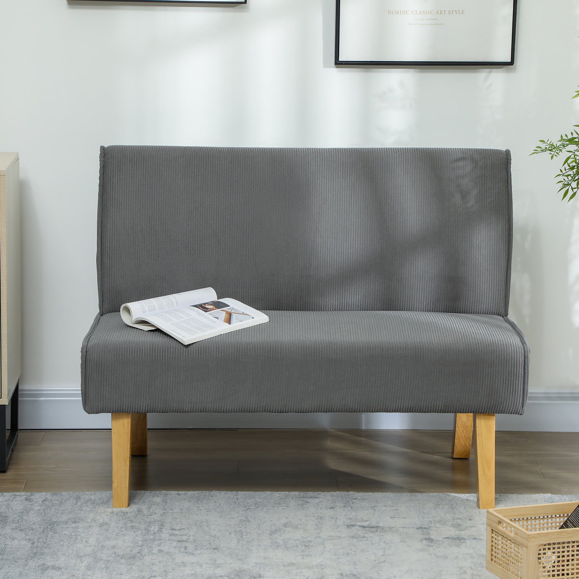 2 Seater Sofa, Couch with Cord Look, Wooden Legs, Padded Couch, Double Sofa for Bedroom, Living Room, 110 x 62 x 85 cm, Gray