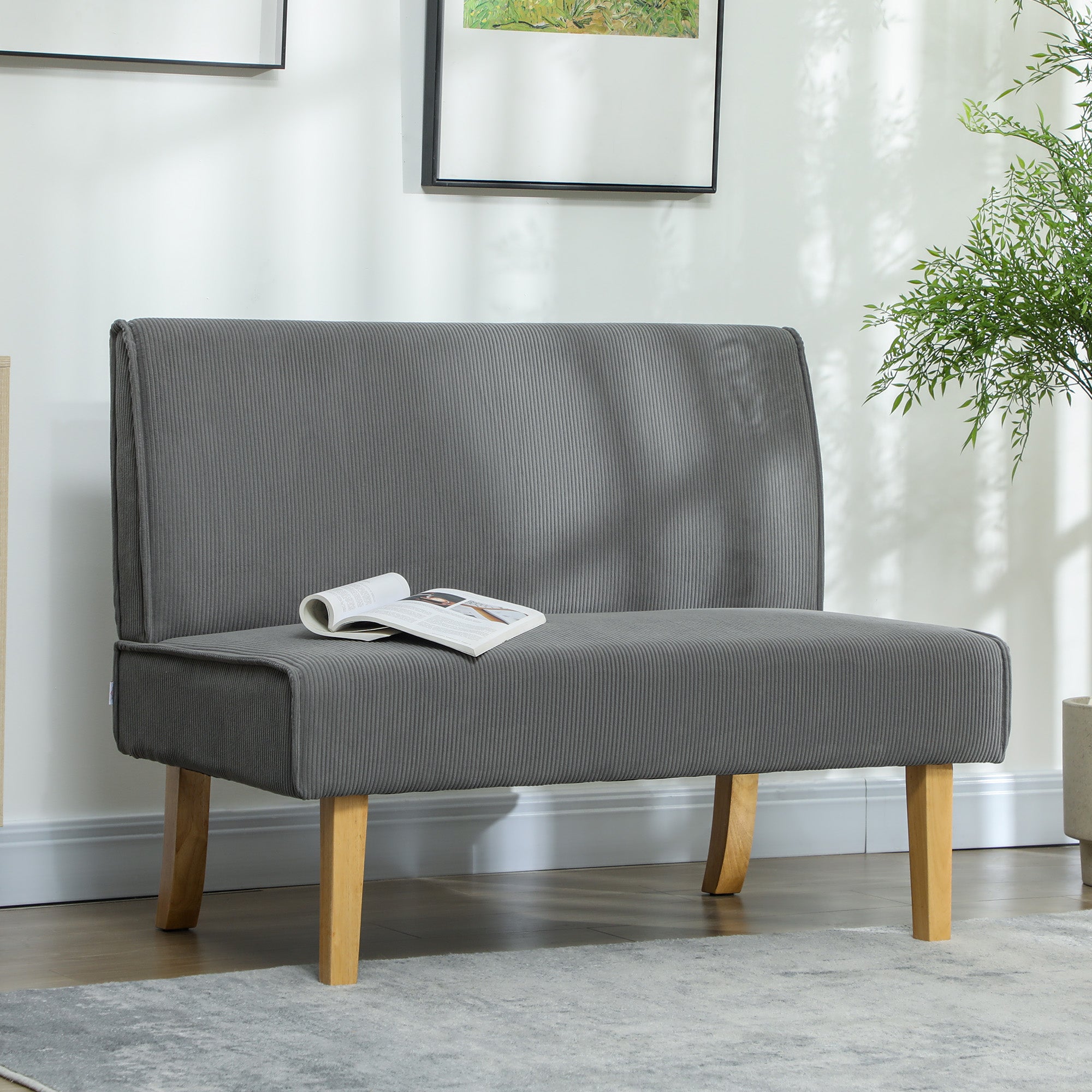 2 Seater Sofa, Couch with Cord Look, Wooden Legs, Padded Couch, Double Sofa for Bedroom, Living Room, 110 x 62 x 85 cm, Gray