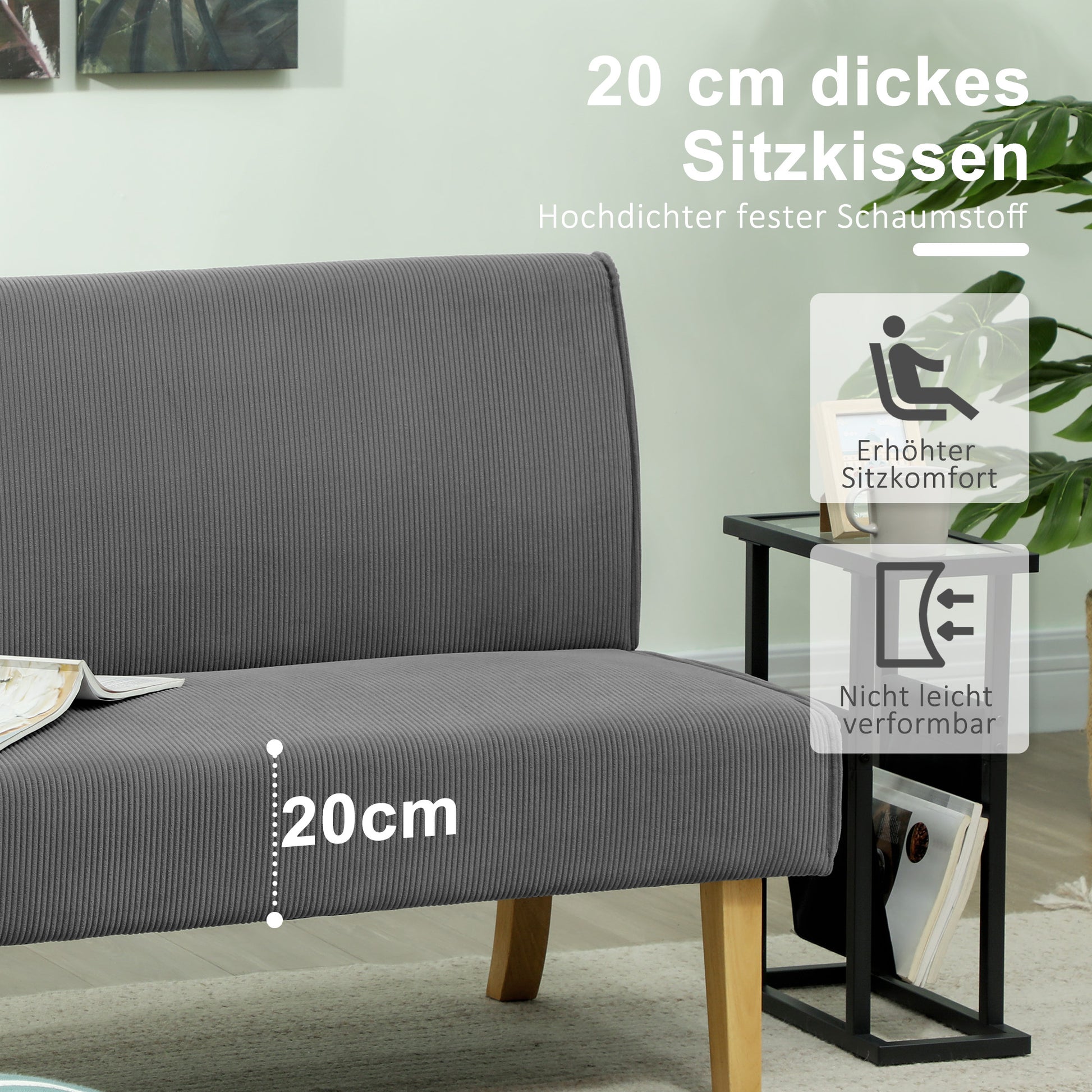2 Seater Sofa, Couch with Cord Look, Wooden Legs, Padded Couch, Double Sofa for Bedroom, Living Room, 110 x 62 x 85 cm, Gray