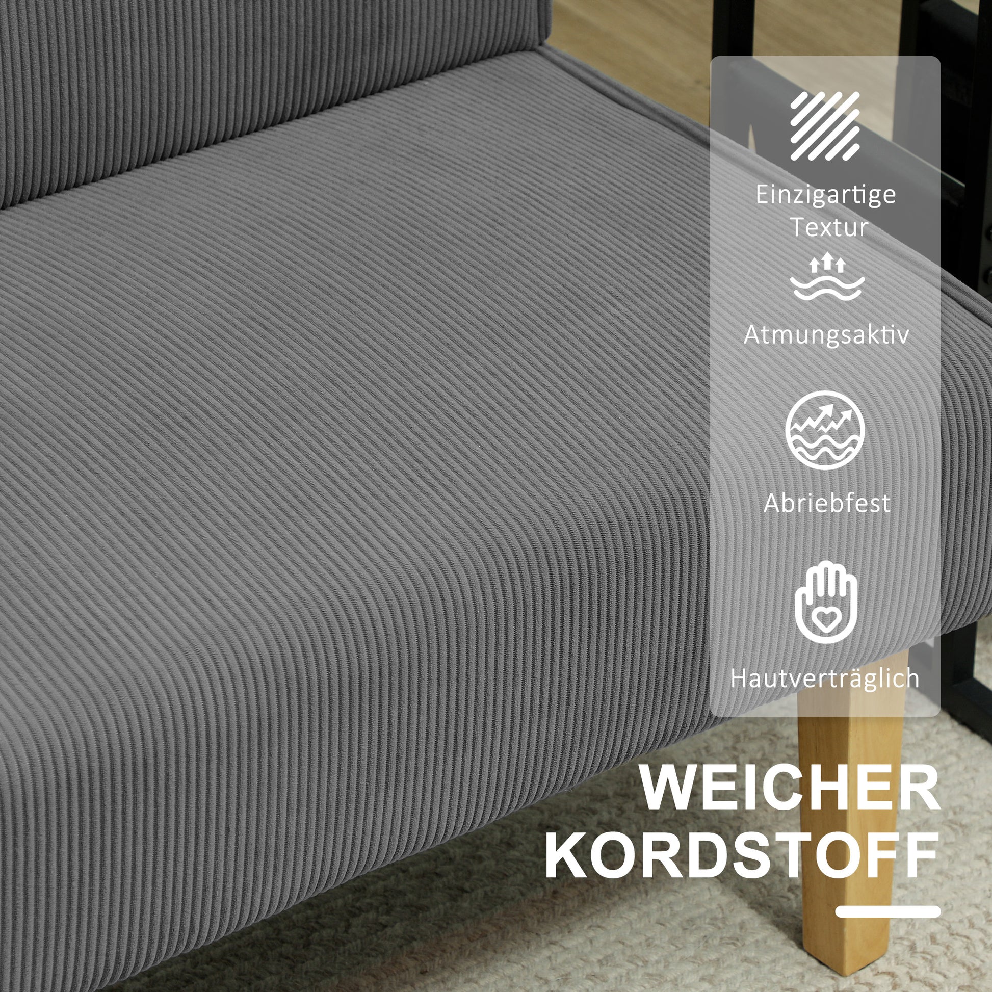 2 Seater Sofa, Couch with Cord Look, Wooden Legs, Padded Couch, Double Sofa for Bedroom, Living Room, 110 x 62 x 85 cm, Gray