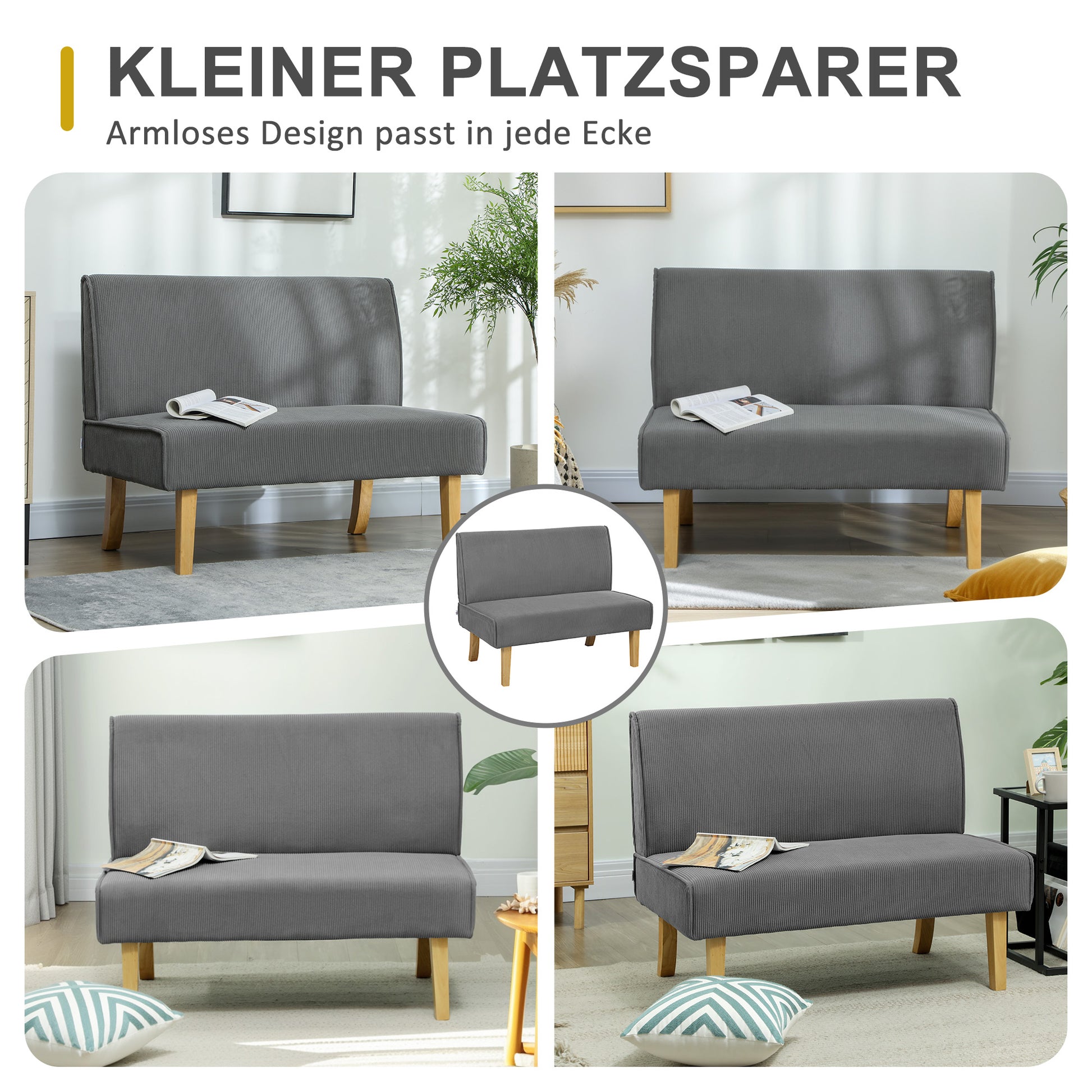 2 Seater Sofa, Couch with Cord Look, Wooden Legs, Padded Couch, Double Sofa for Bedroom, Living Room, 110 x 62 x 85 cm, Gray