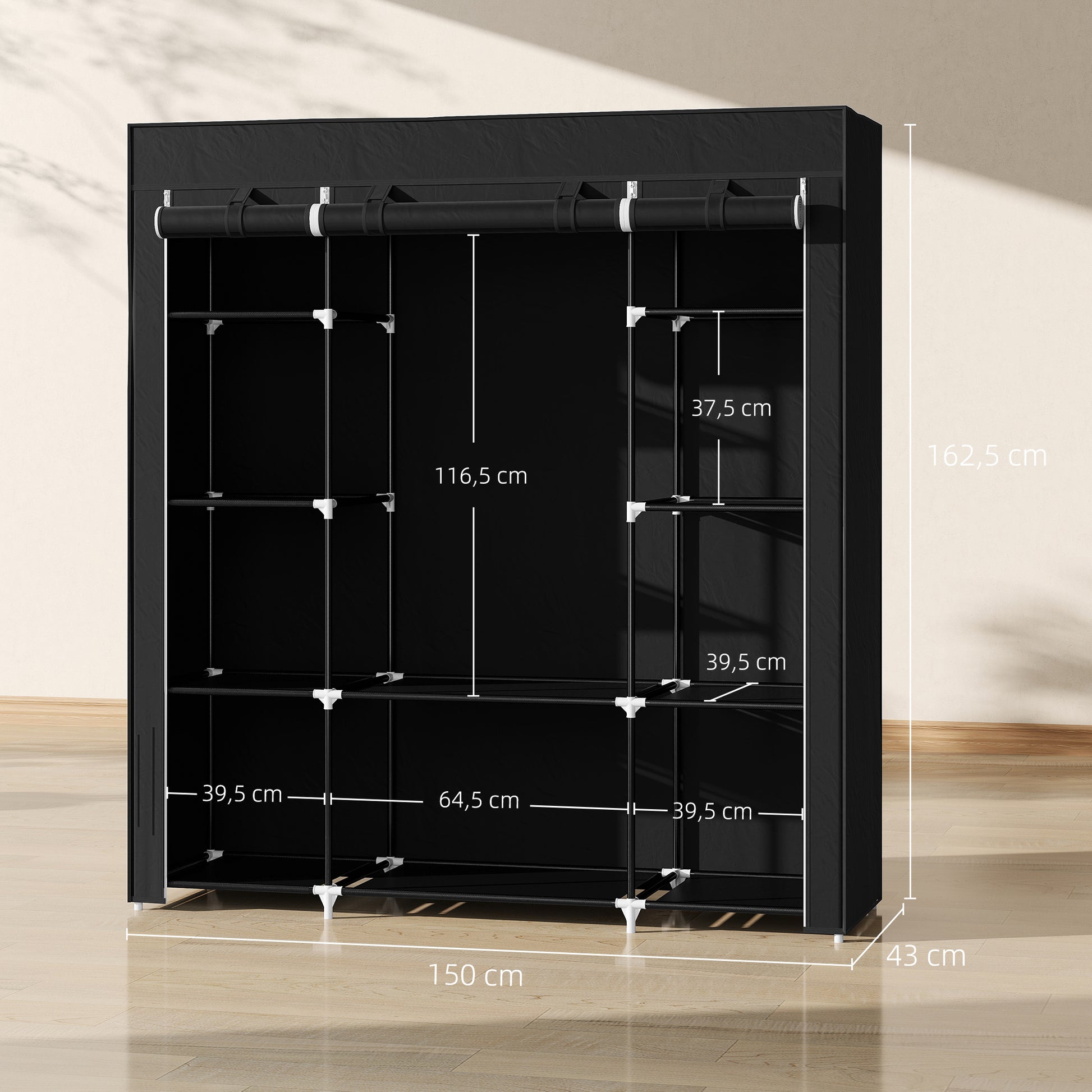 Fabric Wardrobe with 1 Clothes Rod, 10 Shelves, and Zipper, Fabric Foldable Wardrobe for Bedroom, Dressing Room, 150 x 43 x 162.5 cm, Black