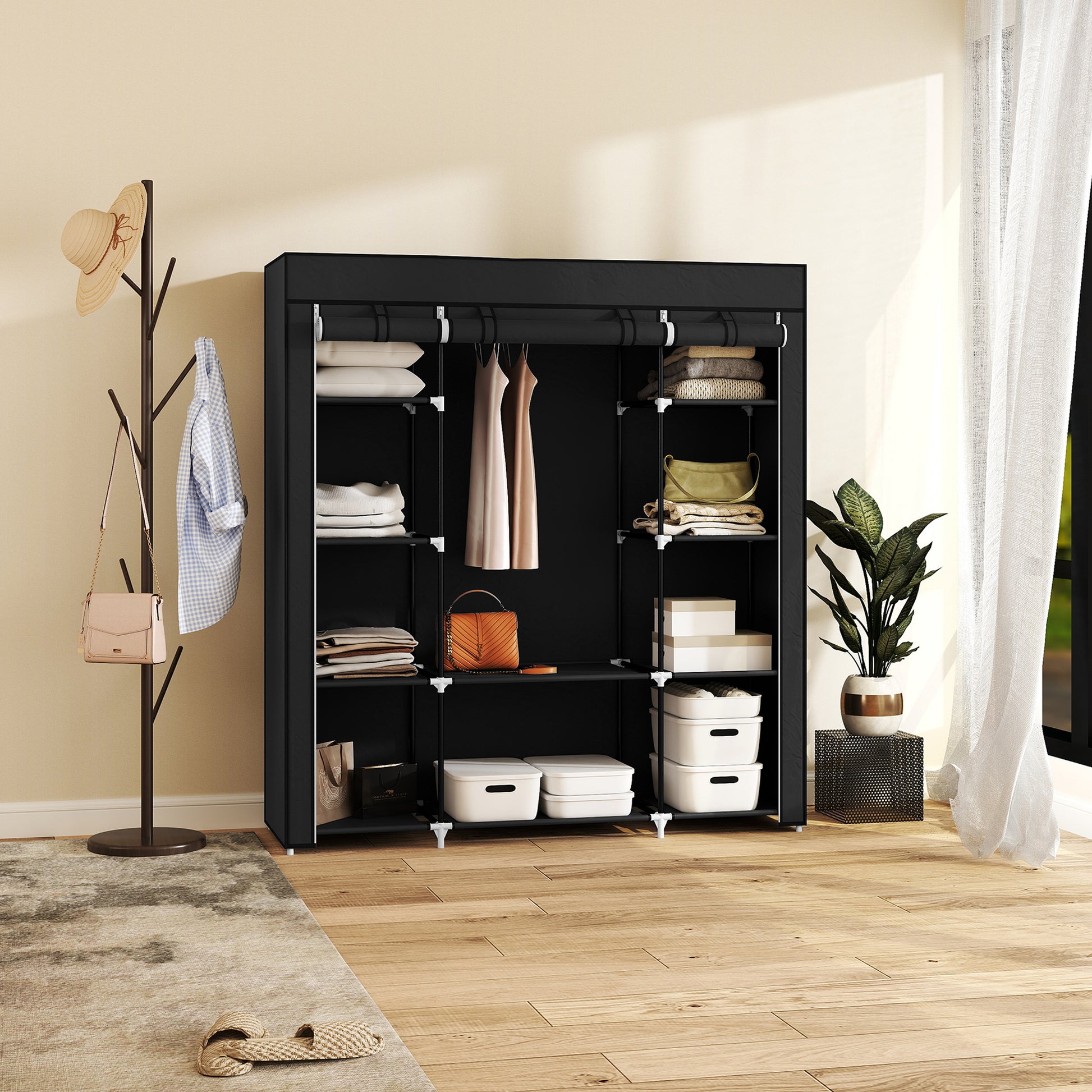 Fabric Wardrobe with 1 Clothes Rod, 10 Shelves, and Zipper, Fabric Foldable Wardrobe for Bedroom, Dressing Room, 150 x 43 x 162.5 cm, Black