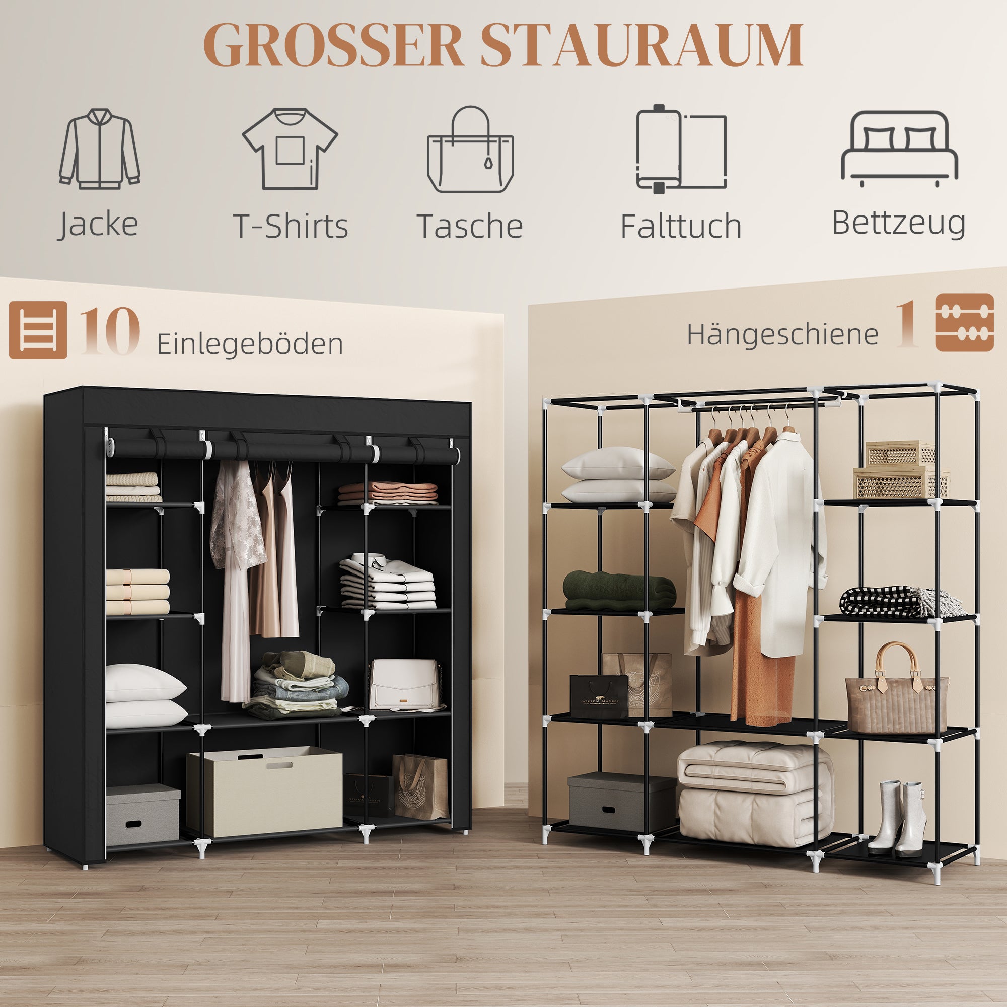 Fabric Wardrobe with 1 Clothes Rod, 10 Shelves, and Zipper, Fabric Foldable Wardrobe for Bedroom, Dressing Room, 150 x 43 x 162.5 cm, Black