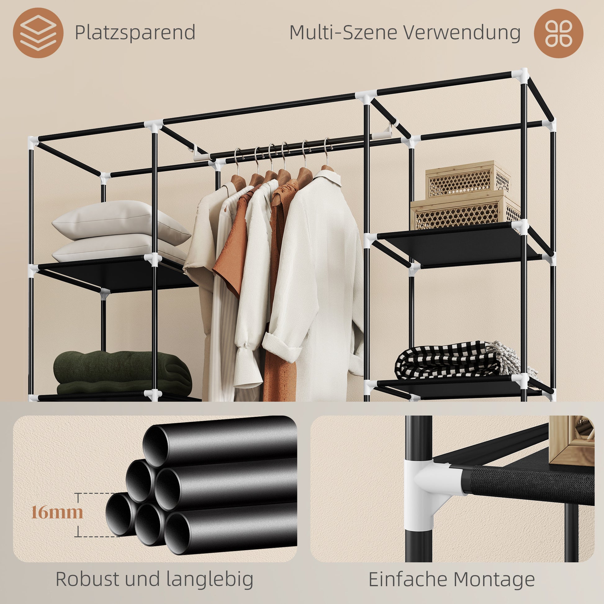 Fabric Wardrobe with 1 Clothes Rod, 10 Shelves, and Zipper, Fabric Foldable Wardrobe for Bedroom, Dressing Room, 150 x 43 x 162.5 cm, Black