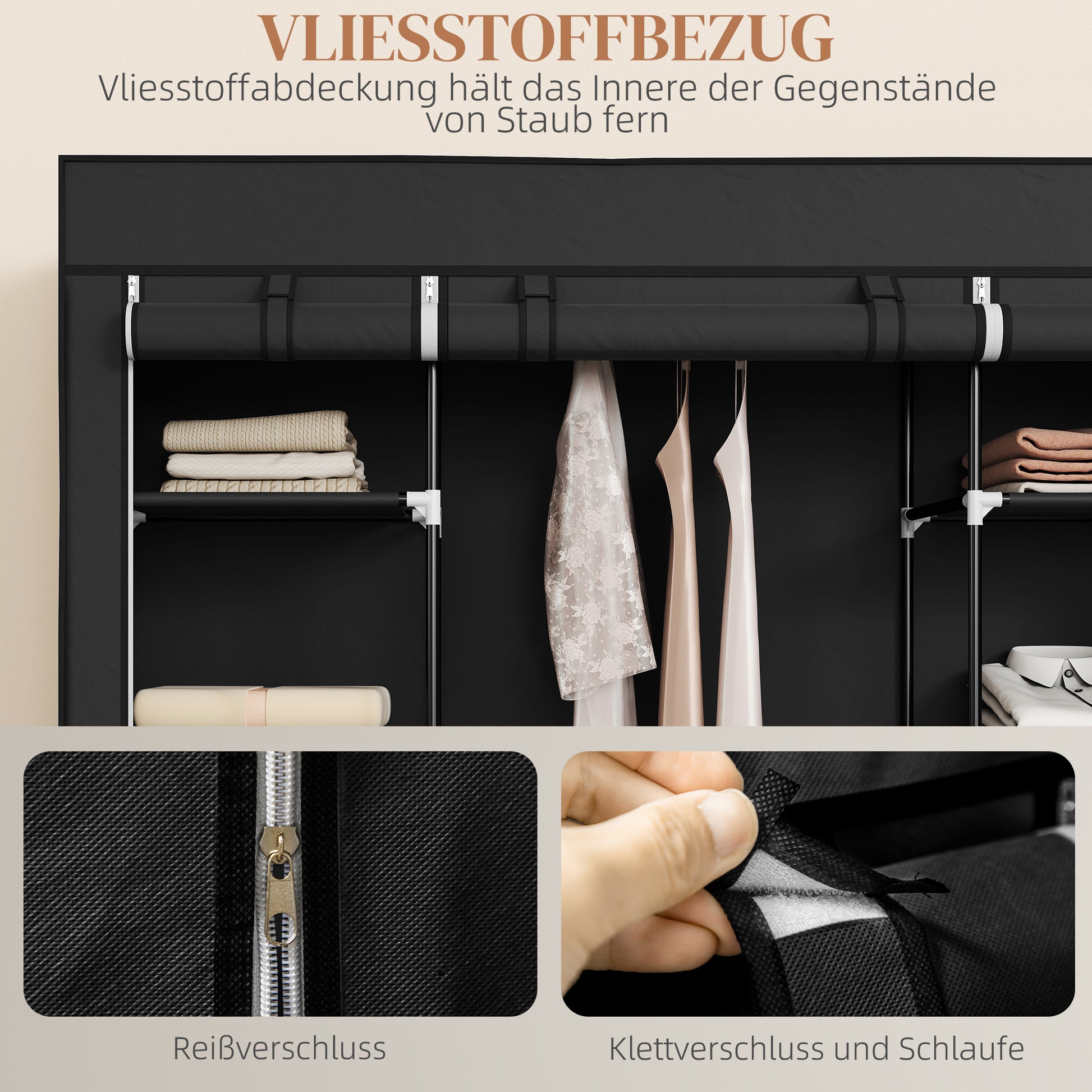 Fabric Wardrobe with 1 Clothes Rod, 10 Shelves, and Zipper, Fabric Foldable Wardrobe for Bedroom, Dressing Room, 150 x 43 x 162.5 cm, Black