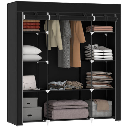 Fabric Wardrobe with 1 Clothes Rod, 10 Shelves, and Zipper, Fabric Foldable Wardrobe for Bedroom, Dressing Room, 150 x 43 x 162.5 cm, Black