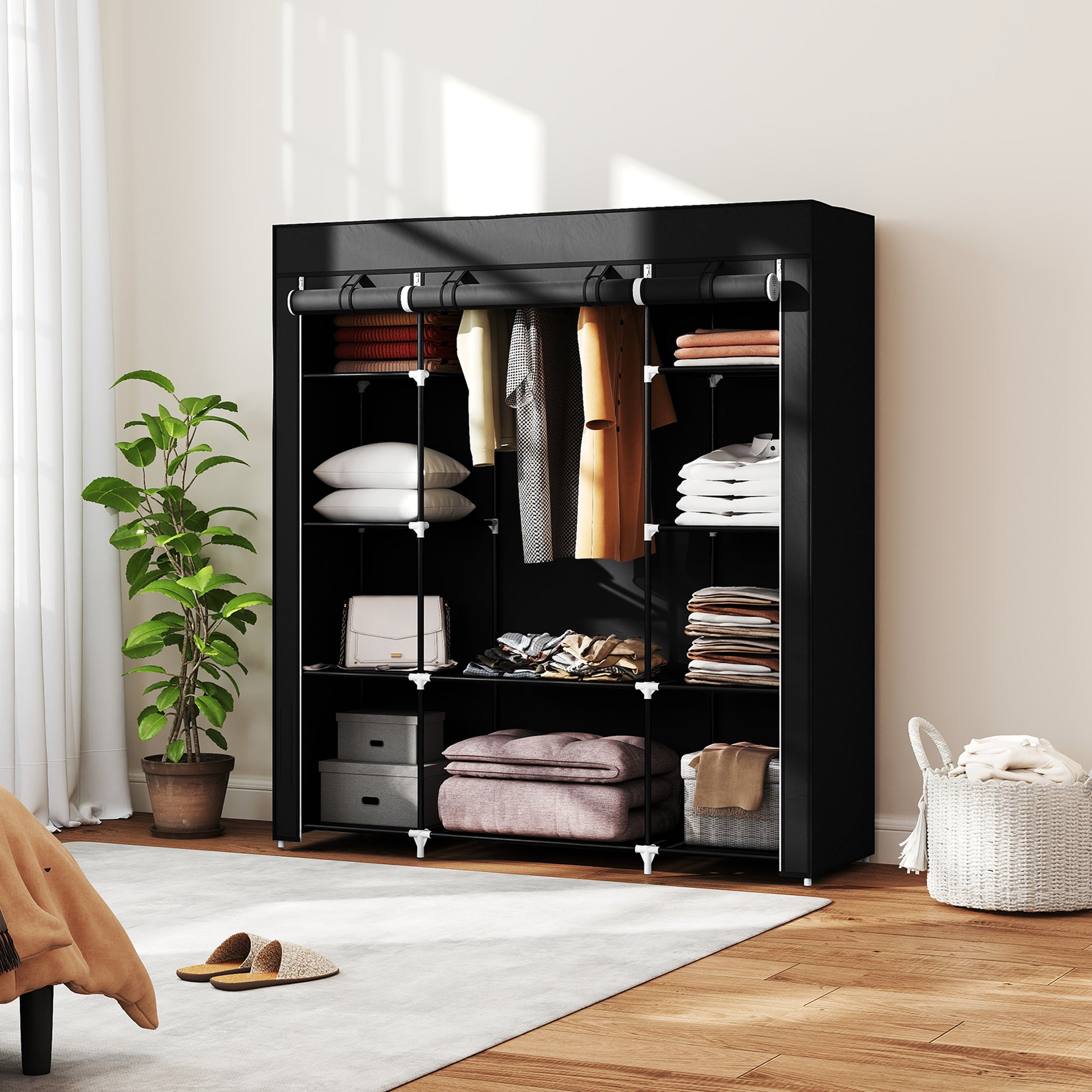 Fabric Wardrobe with 1 Clothes Rod, 10 Shelves, and Zipper, Fabric Foldable Wardrobe for Bedroom, Dressing Room, 150 x 43 x 162.5 cm, Black