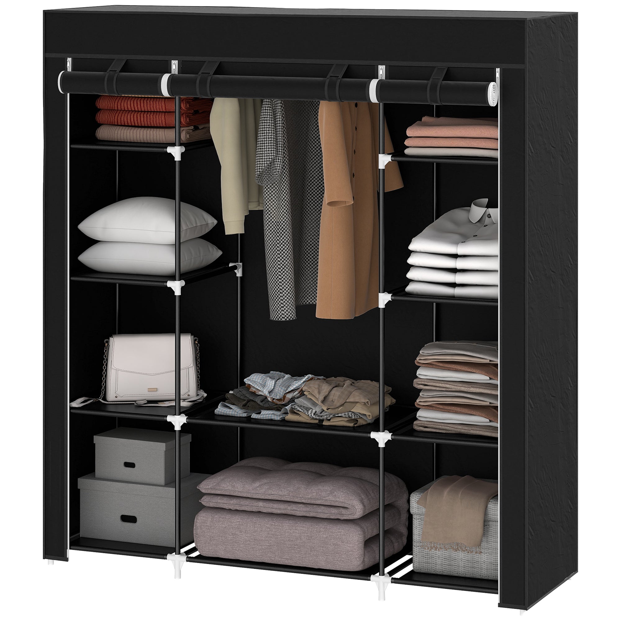 Fabric Wardrobe with 1 Clothes Rod, 10 Shelves, and Zipper, Fabric Foldable Wardrobe for Bedroom, Dressing Room, 150 x 43 x 162.5 cm, Black