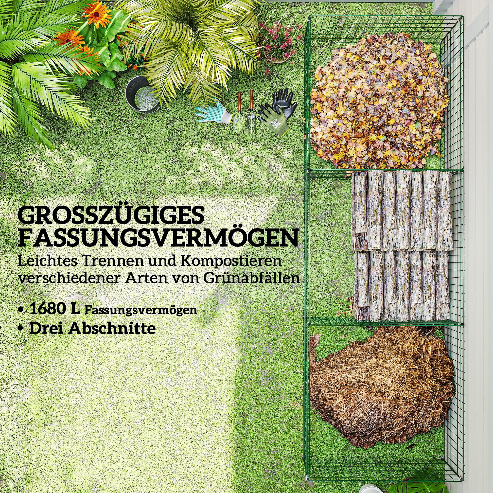 Composter 1680 Liters, 106.3" x 35.4" x 27.6" 3-Part Fast Composter made of Steel, Weatherproof Thermocomposter with open grid design, Garden Composter, Compost Bin for Gardens, Kitchens, Balconies