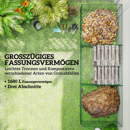 Composter 1680 Liters, 106.3" x 35.4" x 27.6" 3-Part Fast Composter made of Steel, Weatherproof Thermocomposter with open grid design, Garden Composter, Compost Bin for Gardens, Kitchens, Balconies