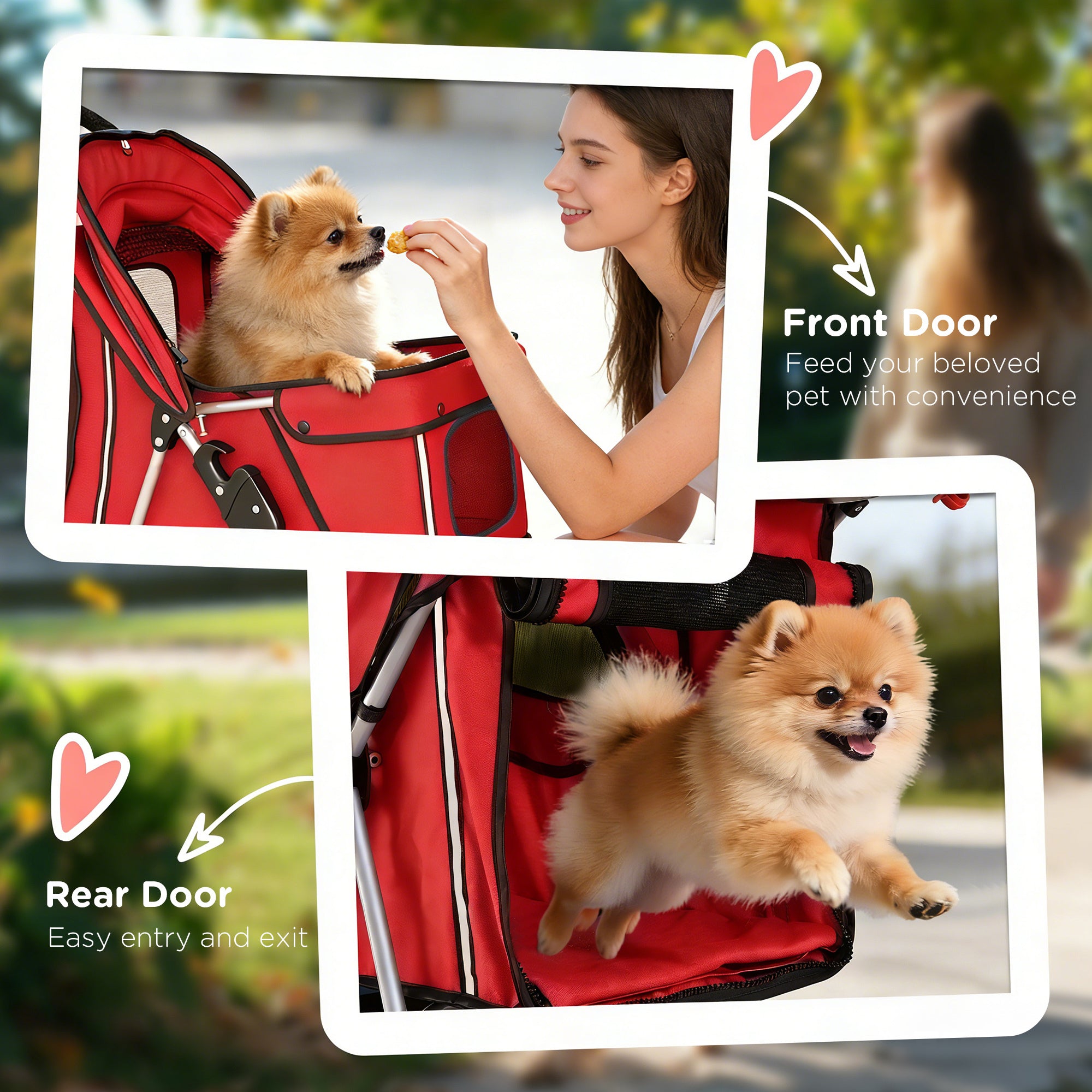 Foldable Pet Stroller for Small Dogs & Cats — Up to 22 lb, 360° Swivel Wheels, Brakes, Reflective Strips, Storage Basket, Washable Cushion, Cup Holder, Red