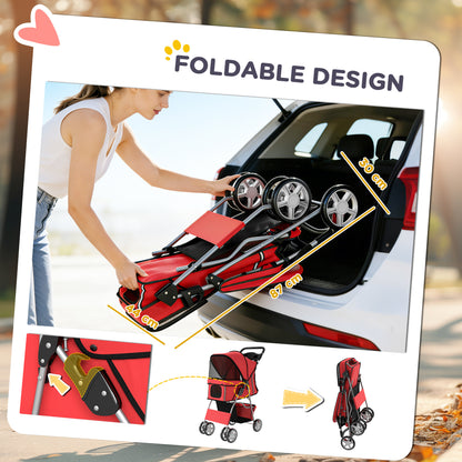 Foldable Pet Stroller for Small Dogs & Cats — Up to 22 lb, 360° Swivel Wheels, Brakes, Reflective Strips, Storage Basket, Washable Cushion, Cup Holder, Red