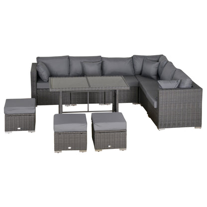 10-Piece Garden Furniture Set, Poly Rattan Seating Group for Garden and Terrace, Modular Design, with Seat and Back Cushions, Throw Pillows, Rust-Resistant Metal Frame, Dark Grey