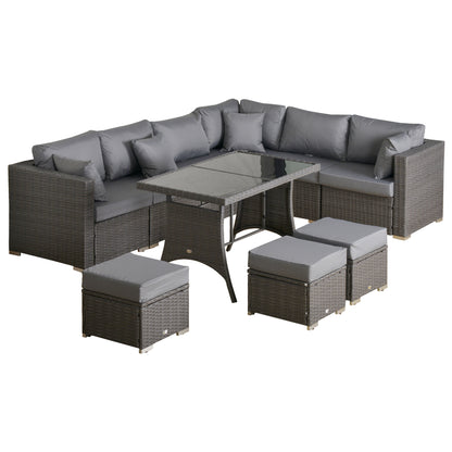 10-Piece Garden Furniture Set, Poly Rattan Seating Group for Garden and Terrace, Modular Design, with Seat and Back Cushions, Throw Pillows, Rust-Resistant Metal Frame, Dark Grey