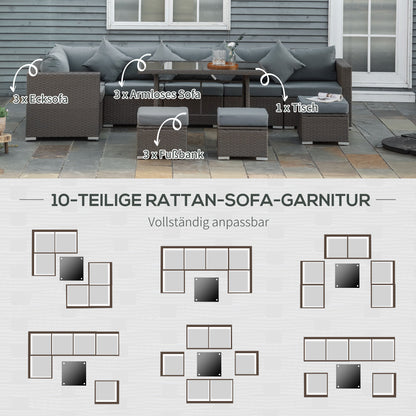 10-Piece Garden Furniture Set, Poly Rattan Seating Group for Garden and Terrace, Modular Design, with Seat and Back Cushions, Throw Pillows, Rust-Resistant Metal Frame, Dark Grey