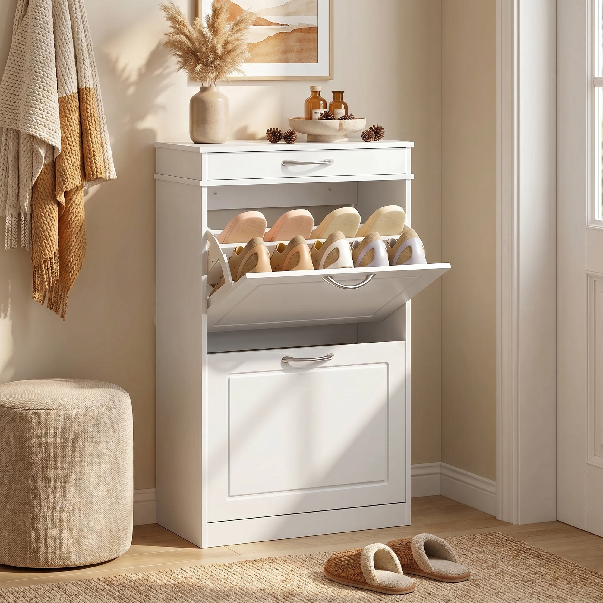 Shoe Cabinet for 8 Pairs — Slim Entryway Cabinet with Drawer, 2 Flip Doors & Adjustable Shelf, 53 x 26.5 x 89 cm (20.9 x 10.4 x 35.0 in), White