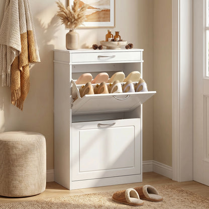 Shoe Cabinet for 8 Pairs — Slim Entryway Cabinet with Drawer, 2 Flip Doors & Adjustable Shelf, 53 x 26.5 x 89 cm (20.9 x 10.4 x 35.0 in), White