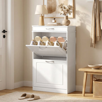 Shoe Cabinet for 8 Pairs — Slim Entryway Cabinet with Drawer, 2 Flip Doors & Adjustable Shelf, 53 x 26.5 x 89 cm (20.9 x 10.4 x 35.0 in), White
