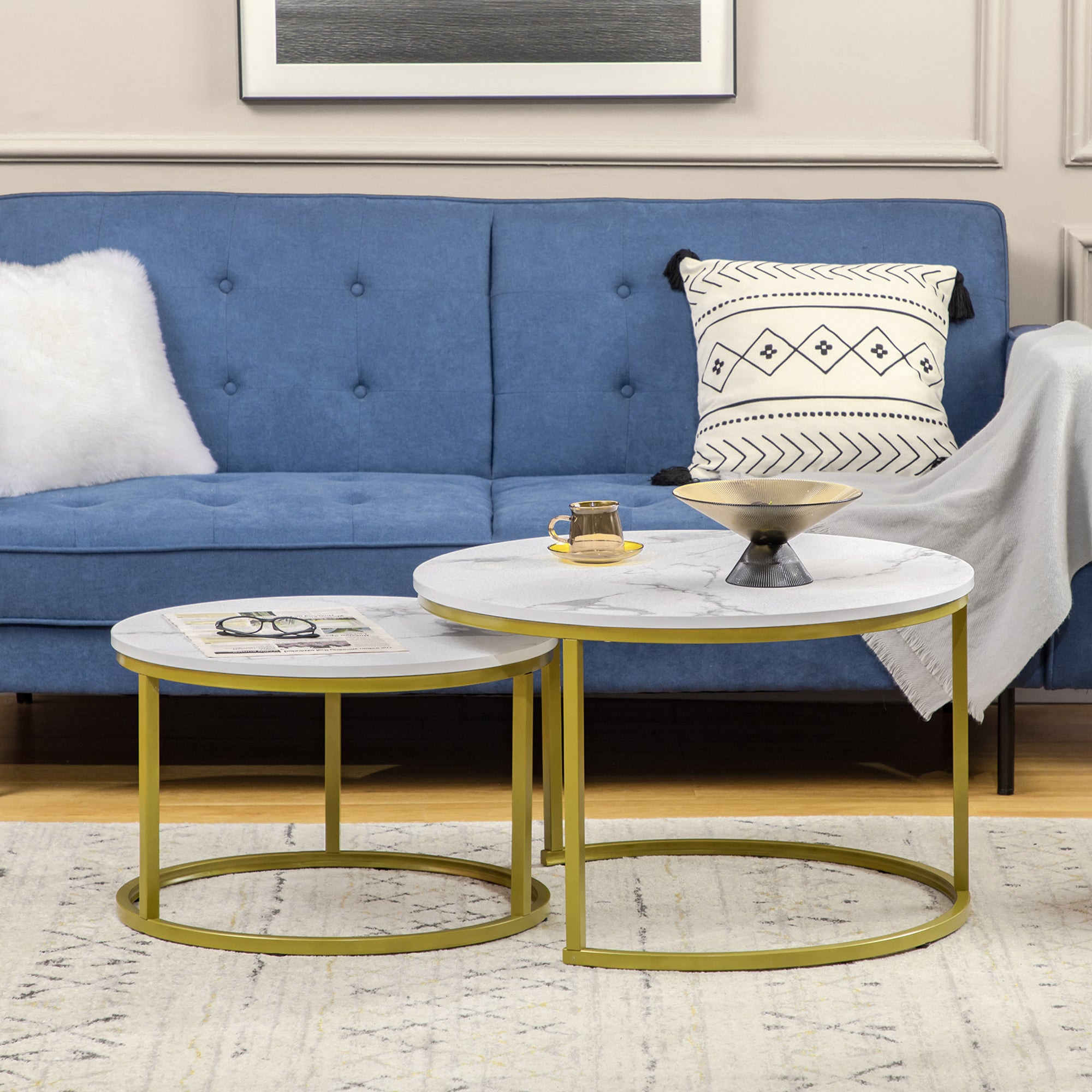 2-Piece Coffee Table Set, Round Side Table, Gold Steel Frame, Stackable Coffee Table with Marble Look, for Living Room, up to 30 kg Load Capacity, White