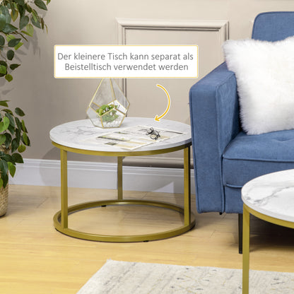 2-Piece Coffee Table Set, Round Side Table, Gold Steel Frame, Stackable Coffee Table with Marble Look, for Living Room, up to 30 kg Load Capacity, White