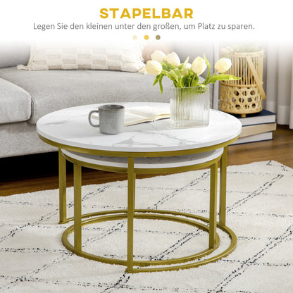 2-Piece Coffee Table Set, Round Side Table, Gold Steel Frame, Stackable Coffee Table with Marble Look, for Living Room, up to 30 kg Load Capacity, White