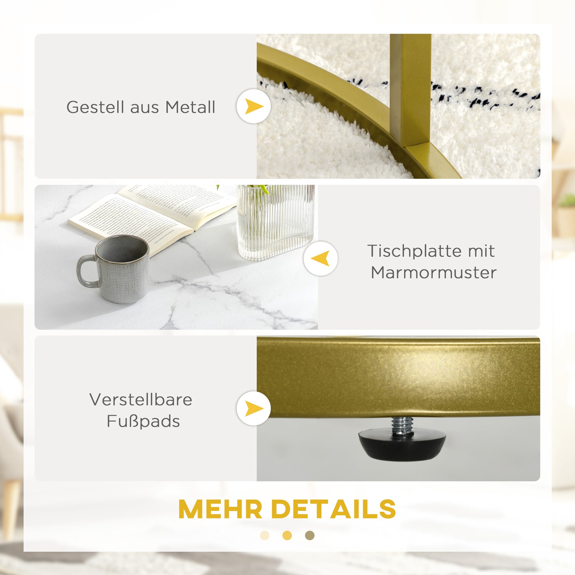 2-Piece Coffee Table Set, Round Side Table, Gold Steel Frame, Stackable Coffee Table with Marble Look, for Living Room, up to 30 kg Load Capacity, White