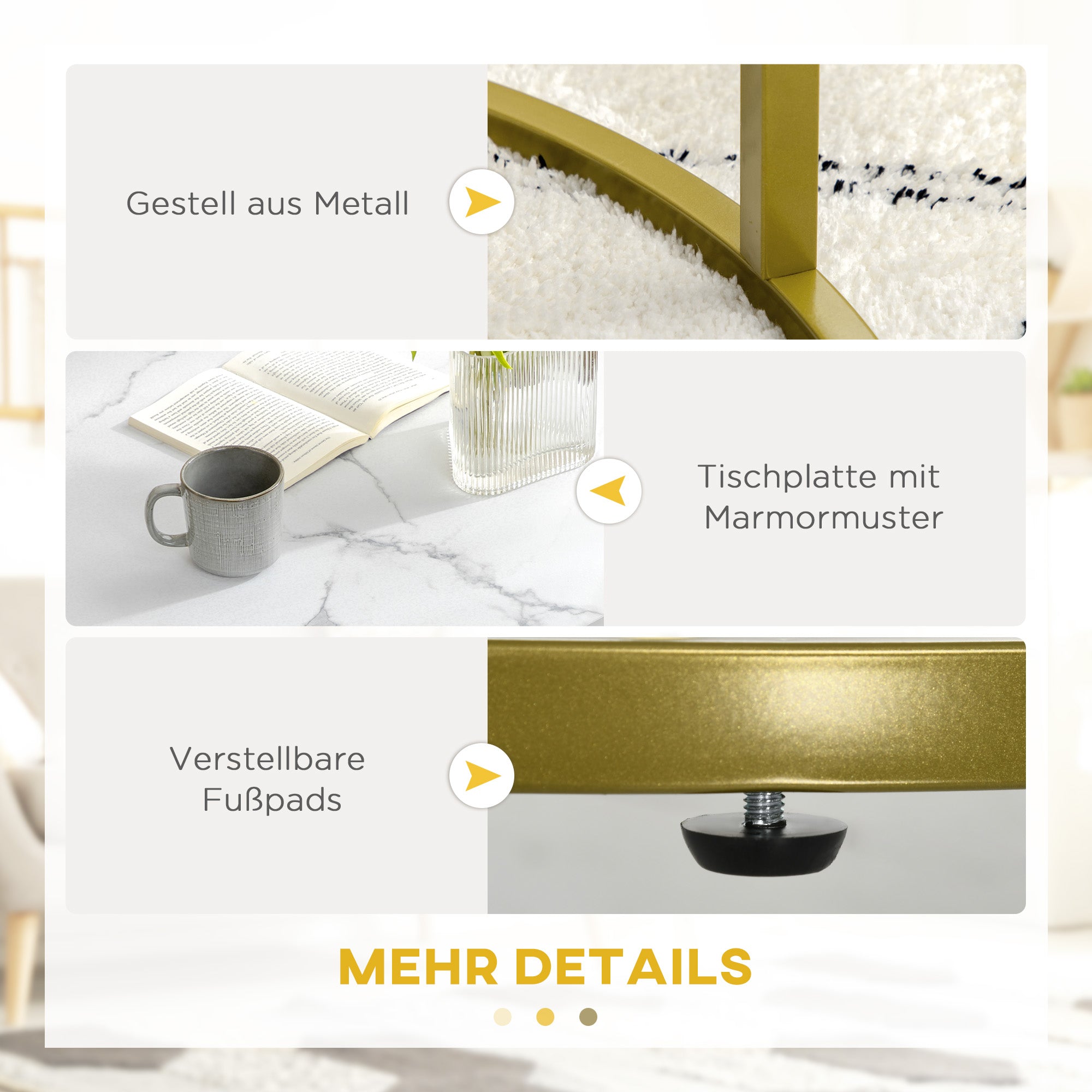 2-Piece Coffee Table Set, Round Side Table, Gold Steel Frame, Stackable Coffee Table with Marble Look, for Living Room, up to 30 kg Load Capacity, White