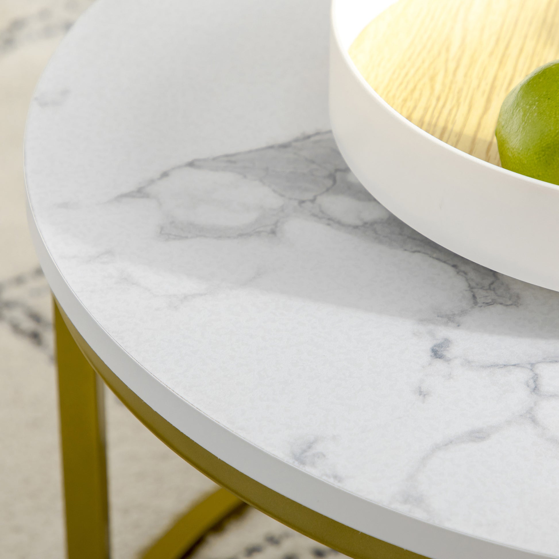 2-Piece Coffee Table Set, Round Side Table, Gold Steel Frame, Stackable Coffee Table with Marble Look, for Living Room, up to 30 kg Load Capacity, White