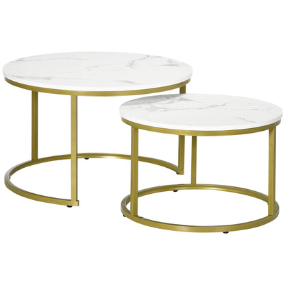 2-Piece Coffee Table Set, Round Side Table, Gold Steel Frame, Stackable Coffee Table with Marble Look, for Living Room, up to 30 kg Load Capacity, White